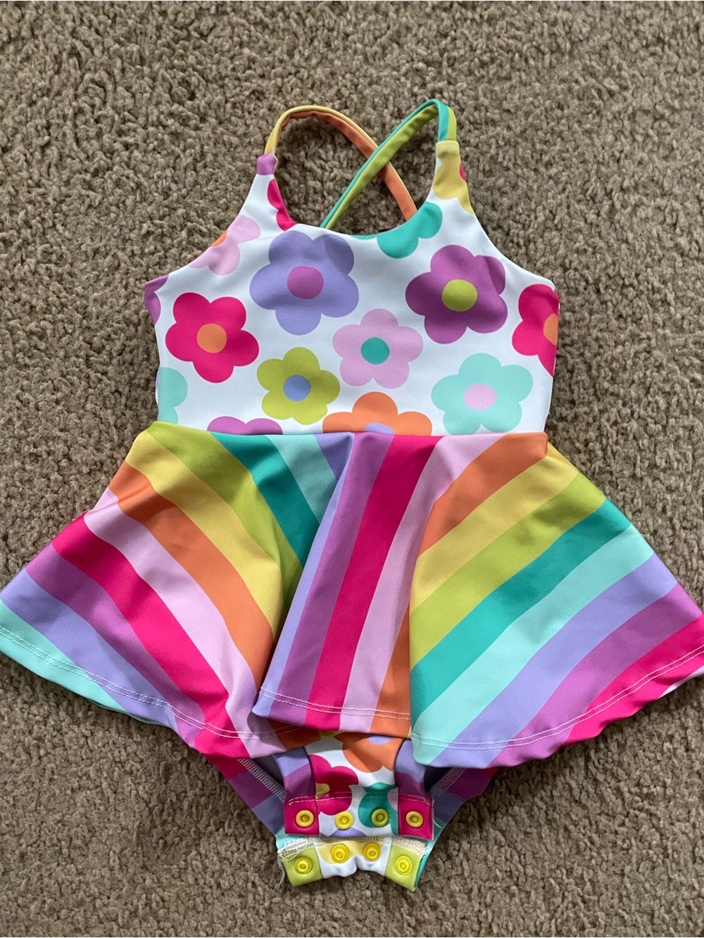 Kids One-Piece Swimsuit with Rainbow Stripes & Flower Print